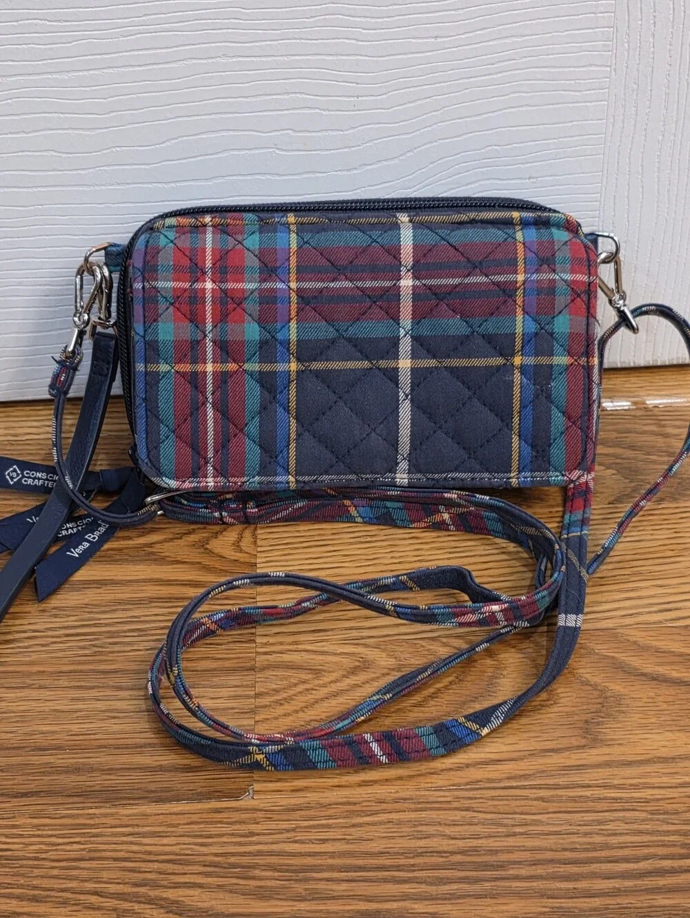 Vera Bradley Tartan Plaid RFID Navy All-In-One Crossbody Handbag Purse Travel